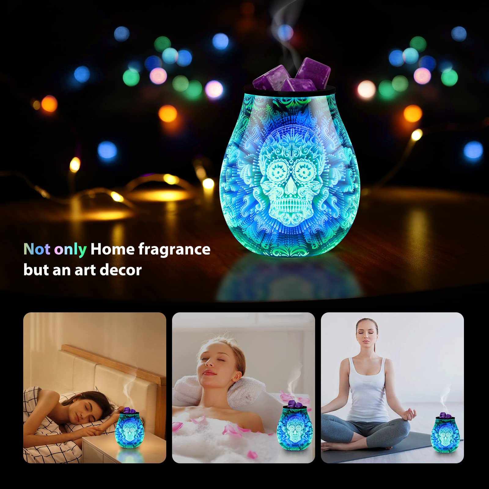 inrorans Skull Halloween 3D Glass Electric Wax Melt Warmer Oil Burner with 7 Colour Cycle Changing LED Light PTC Heating Removab